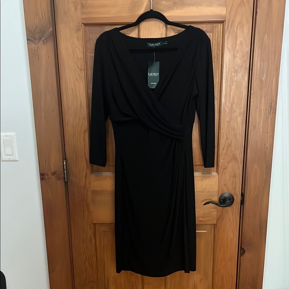 Ralph Lauren Black Ruched Wrap Dress Long Sleeve V-Neck